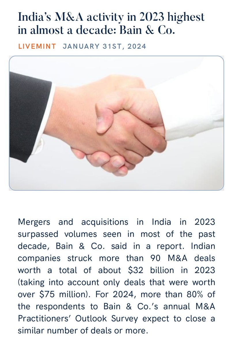 guru____03's tweet photo. India’s M&amp;A activity in 2023 highest in almost a decade: Bain &amp; Co.
https://t.co/OOYd2GDXN3 via NaMo App https://t.co/61xjQnKWpI