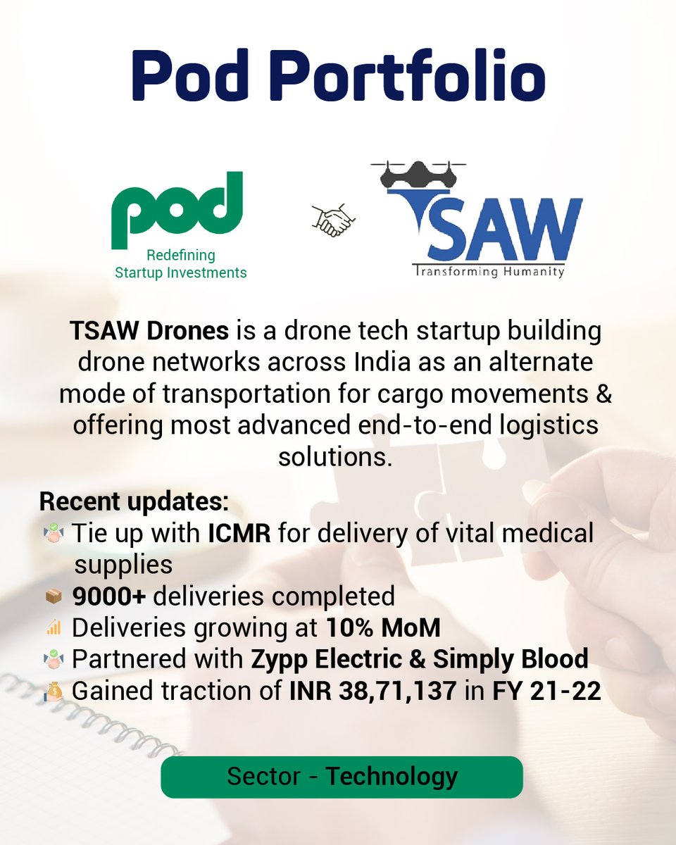 Charting new skies with TSAW Drones! ✨

As a tech marvel in drone networks, they're redefining cargo transportation and logistics and we at Pod are proud to a part of their incredible journey. 🚀

#podworld #startup #indianstartup #fundraising  #startupfunding #portfolio