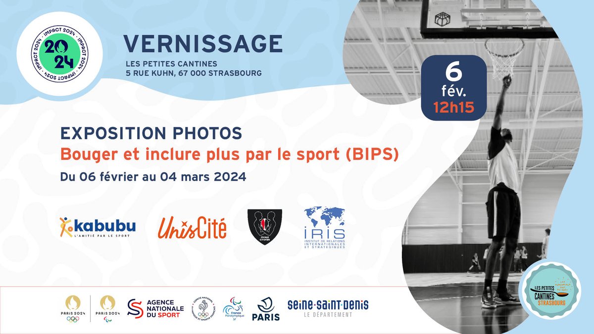 #Rappel

📢📸 Mardi 6 fév. 2024, à 12h15, dans le cadre du projet Impact 2024 @Paris2024, l’IRIS, @kabubu_org, @OvaleCitoyen et @uniscite, vous invitent au vernissage strasbourgeois de l’exposition :

🏀🥊Bouger et inclure plus par le sport

INSCRIPTION⬇️
cutt.ly/1wLLtTwZ