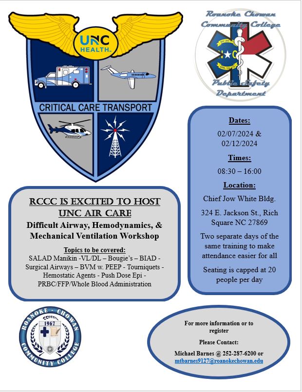 Upcoming education opportunities on February 7 and February 12 with UNC Air Care, @RoanokeChowanCC, Halifax County EMS, and Northampton County EMS. Contact Michael Barnes for registration (details on the flyer)