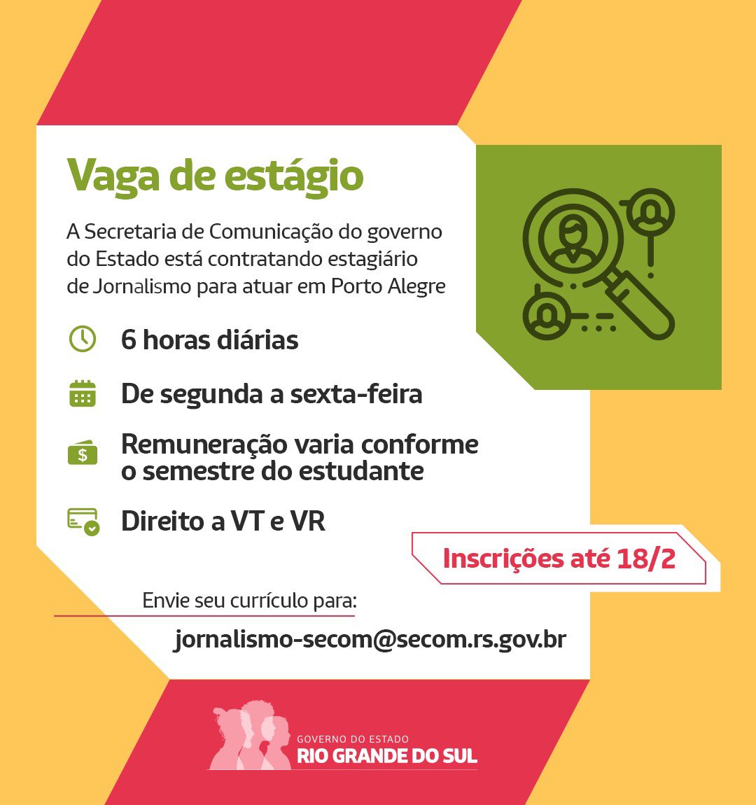 Vem estagiar na Secom! 😀🚀

Envie seu currículo para
jornalismo-secom@secom.rs.gov.br