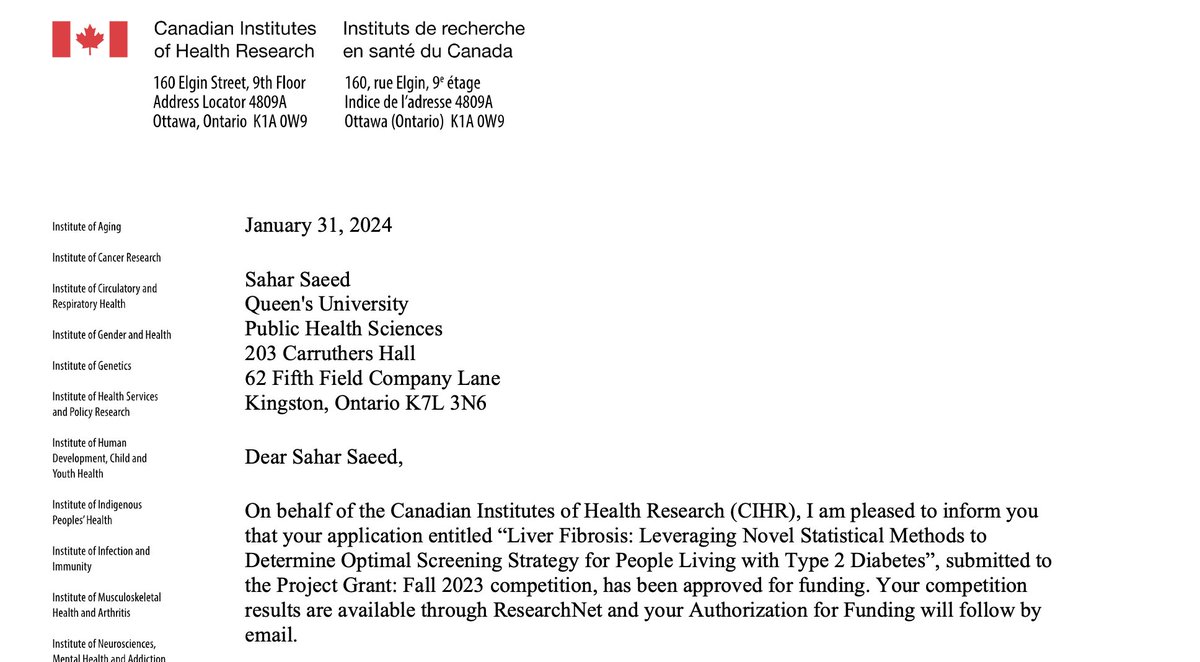 🥳Beyond excited and extremely grateful to receive my first 5-year <a href="/CIHR_IRSC/">CIHR</a> Project Grant! Ranked 2nd in PH2! Thank you to all my amazing co-applicants, especially <a href="/GiadaSebastiani/">Giada Sebastiani</a>, my mentor/dear friend, who introduced me to MASLD &amp; <a href="/ICESOntario/">ICES</a> <a href="/Jenn_Flemming/">Jennifer Flemming</a> &amp; <a href="/Queens_HSPRI/">Health Services and Policy Research Institute</a>