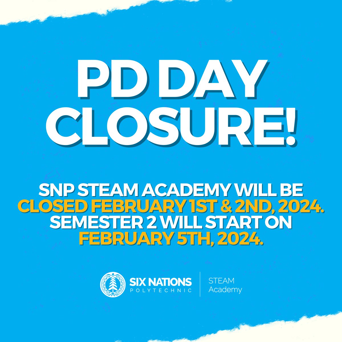 SNP STEAM Academy will be closed on February 1st and 2nd, 2024 for a PD day. 

We will welcome students back for semester 2 on February 5th, 2024.

We look forward to seeing you all back at SNP STEAM Academy for an exciting and productive second semester! 😊