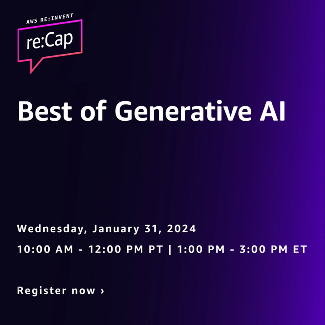 🚨 Happening Today! 🚨

re:Invent Recap, an #AWSreInvent recap for executives highlighting gen AI announcements, starts soon! ➡️ go.aws/4be4vzL

Hear from #AWS leaders & explore the value of #GenerativeAI for your organization. You don’t want to miss this!