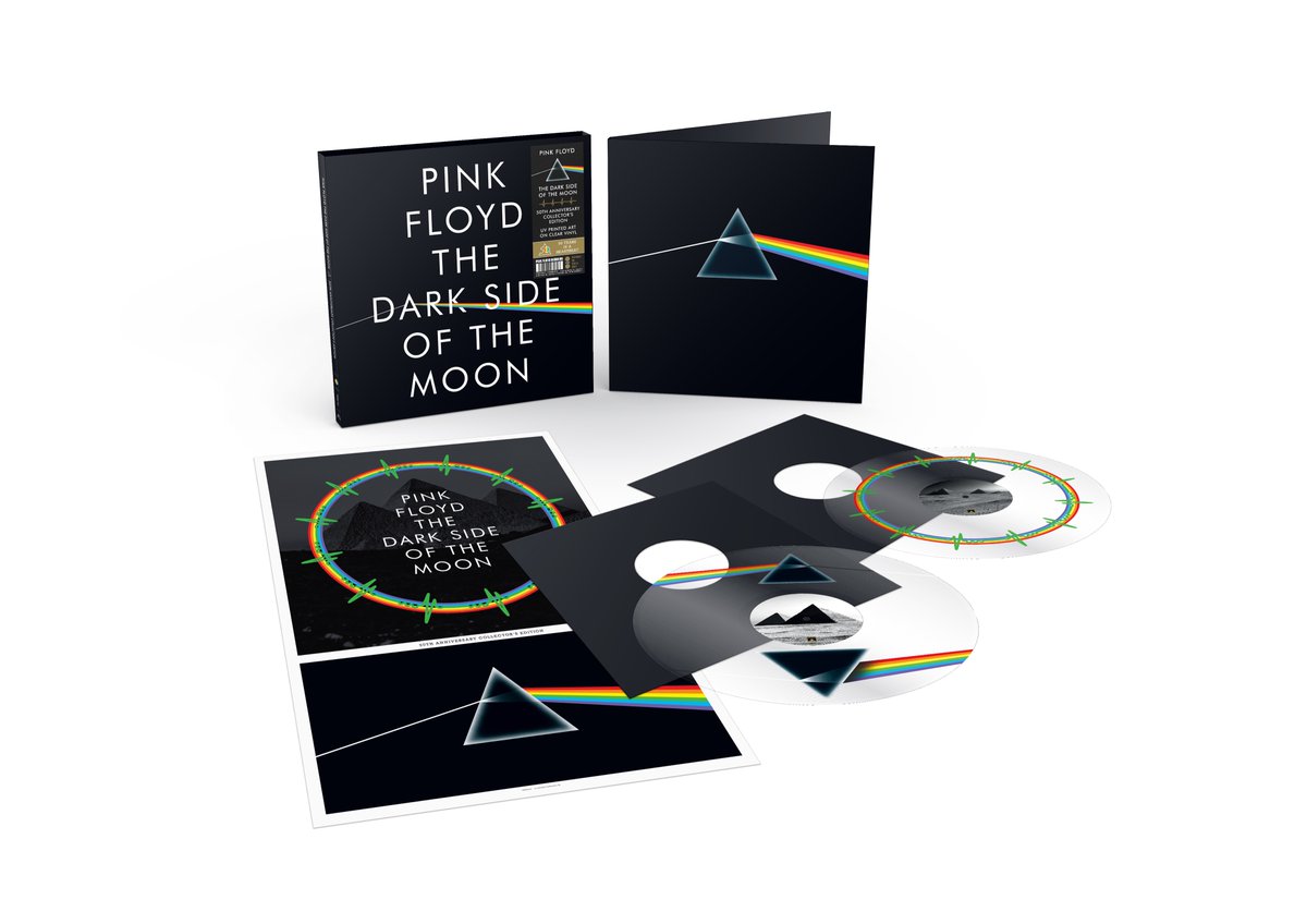 pinkfloyd's tweet photo. On April 19th, Pink Floyd release a Collector’s Edition of The Dark Side Of The Moon on crystal clear vinyl. This will be a limited edition crystal clear 2-LP, 180g set of the classic album featuring UV artwork printing on the non-groove side. This set will feature the prism spectrum seen through the playable side of the vinyl while maintaining the best quality sound that fans expect. This 50th anniversary collector’s edition is housed in a gatefold sleeve with slipcase and an exclusive poster.

This is the first time that Pink Floyd have used this pioneering UV printing process on vinyl. The images are printed with a high end UV printer, using UV-LED light to dry the permanent ink on the side without audio on which the image is printed. This combination of one-sided audio and the UV print (on the side without audio) combines the best of both worlds: perfect audio and a beautiful image to enjoy.

You can order this special edition through this link: https://t.co/Z8lyerqmus