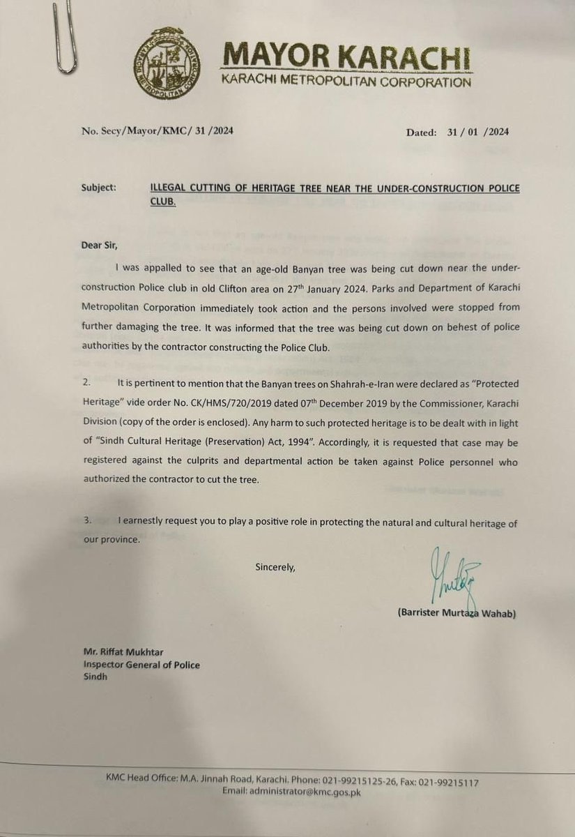 Mahim Maher (@mahimmaher) on Twitter photo Remember the banyan tree that was cut in old Clifton. <a href="/murtazawahab1/">Murtaza Wahab Siddiqui</a> has written the IG. He reminds him that these trees were declared protected heritage. Mayor asks for case to be filed. I am moved by the attention given to this v sad case of ecocide. Remember the banyan tree that was cut in old Clifton. <a href="/murtazawahab1/">Murtaza Wahab Siddiqui</a> has written the IG. He reminds him that these trees were declared protected heritage. Mayor asks for case to be filed. I am moved by the attention given to this v sad case of ecocide.