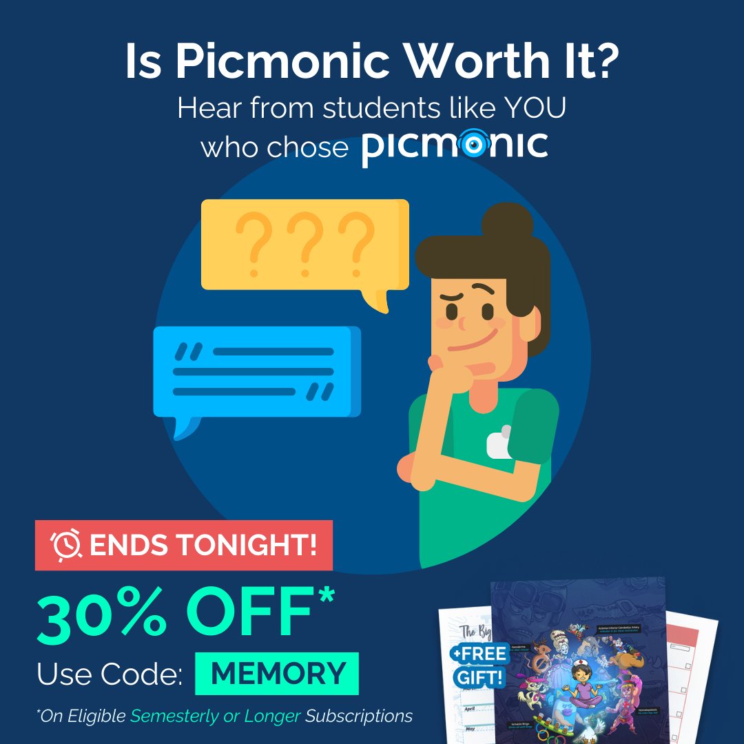 picmonic's tweet image. Ever wondered if Picmonic is worth it? YES!

Take it from &quot;Picmonic was exactly what I needed when I was ready to give up. I wish I had found it sooner.&quot; -Allyson M.

Celebrate better learning w/ 30% off!

picmonic.info/pic-plus-you-tw

#StudySmarter #MemoryMaster #StudentLife