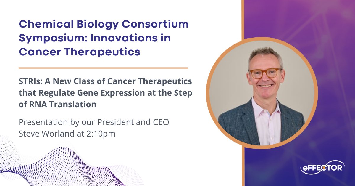 Our President & CEO, Steve Worland, will be presenting at the Chemical Biology Consortium Symposium, co-hosted by @theNCI and @sbpdiscovery, today at 2:10pm. His presentation will cover our novel approach to #CancerTherapy, focused on STRIs. Learn more: brnw.ch/21wGydU