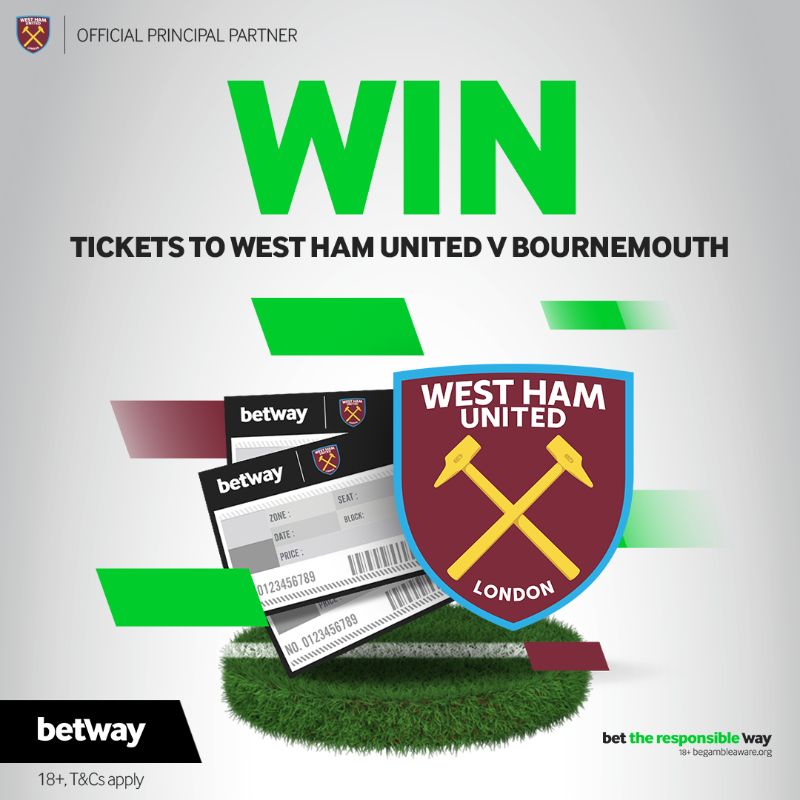 betway's tweet photo. 𝗚𝗶𝘃𝗲𝗮𝘄𝗮𝘆 𝘁𝗶𝗺𝗲! 🎟️

We're giving you the chance to win tickets to @WestHam v Bournemouth on Thursday night.

For a chance to win: 
🖱️ Follow us @betway
🔃 Repost this tweet 

We'll announce the winners after 4pm today.