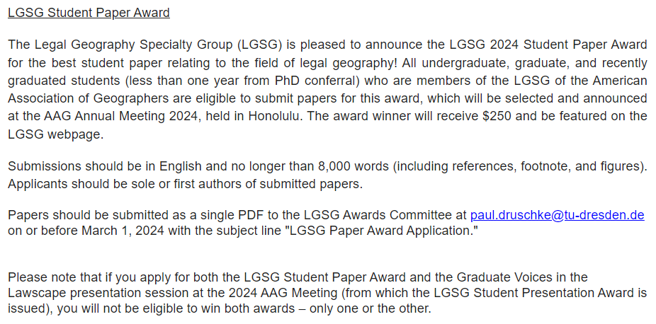 Paul Druschke (@pauldruschke) on Twitter photo Did you miss the abstract deadline or can't make it to <a href="/theAAG/">American Association of Geographers</a> Annual Meeting, but still want to share your work?
The <a href="/LegalGeography/">Legal Geography SG</a> Specialty Group invites students to submit their research paper on #LegalGeography and related fields for the LGSG Student #PaperAward by March 1. Did you miss the abstract deadline or can't make it to <a href="/theAAG/">American Association of Geographers</a> Annual Meeting, but still want to share your work?
The <a href="/LegalGeography/">Legal Geography SG</a> Specialty Group invites students to submit their research paper on #LegalGeography and related fields for the LGSG Student #PaperAward by March 1.