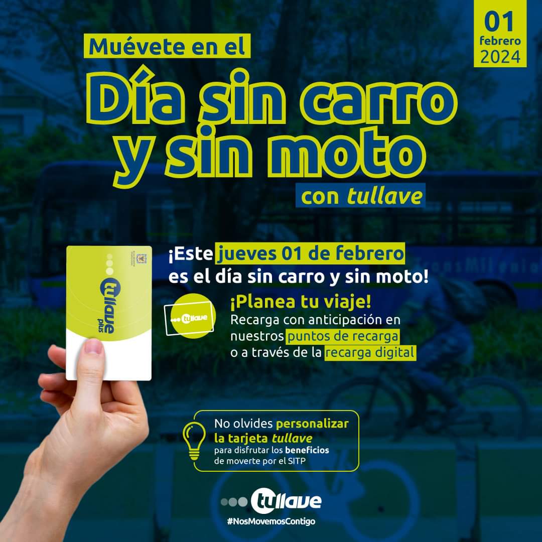 ¡Llega el Día sin carro! 🚗🛵​🚫

💳 Muévete por la ciudad con la tarjeta <a href="/tullaveplus/">Tarjeta tullave plus</a> personalizada y disfruta  de los beneficios que ella trae.

☝🏼 📱 Personalizala en minutos en:​
bit.ly/personalizacio…​

#tullave #SITP #Transmilenio #Bogotá #transporte #diasincarro