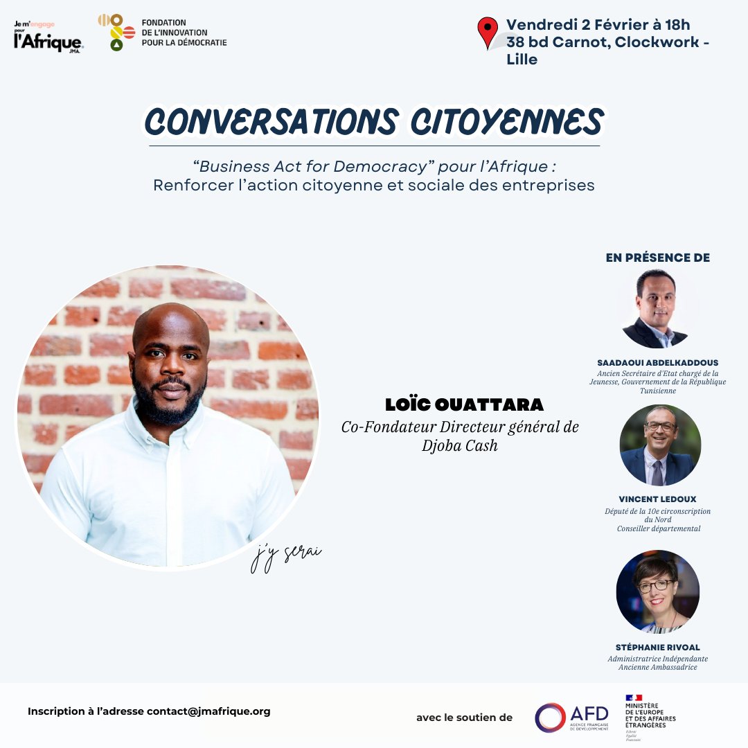 RDV vendredi, le panel est de qualité.
Je participerai à la table ronde
 “#Business Act for Democracy” pour l’Afrique : Renforcer l’action citoyenne et #sociale des #entreprises
Ci dessous pour s'inscrire. ⬇️
urlz.fr/pbM2
<a href="/JMAfrique/">Je m'engage pour l'Afrique.</a> <a href="/AFD_France/">Agence Française de #Développement (AFD) 🇫🇷 🇪🇺</a> <a href="/FrenchTechLille/">La French Tech Lille</a>