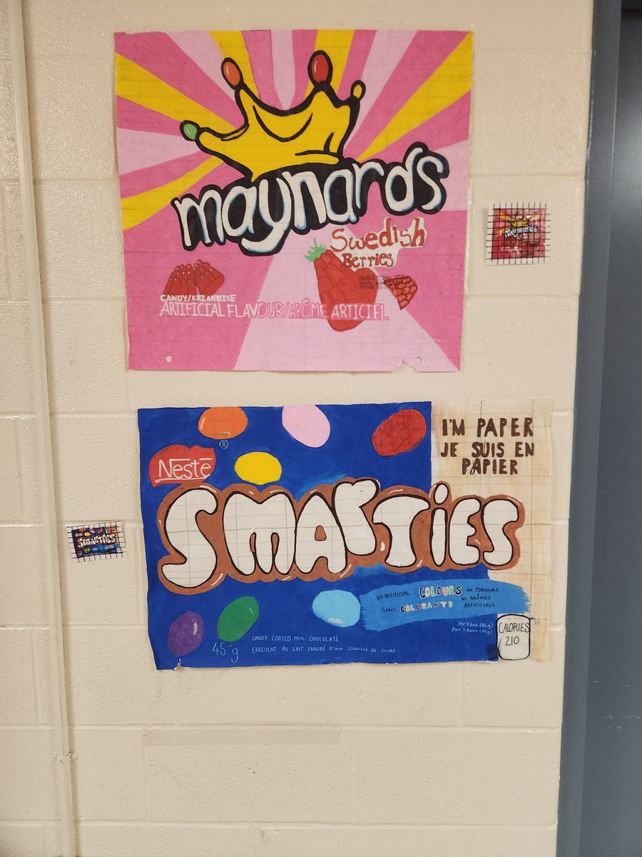 Mme__Monaghan's tweet photo. 706 students determined an appropriate scale factor then made a grid to enlarge their candy wrappers, love the new art in the hall! @vidagardener @FletchersSrPS https://t.co/x4msZsdsws