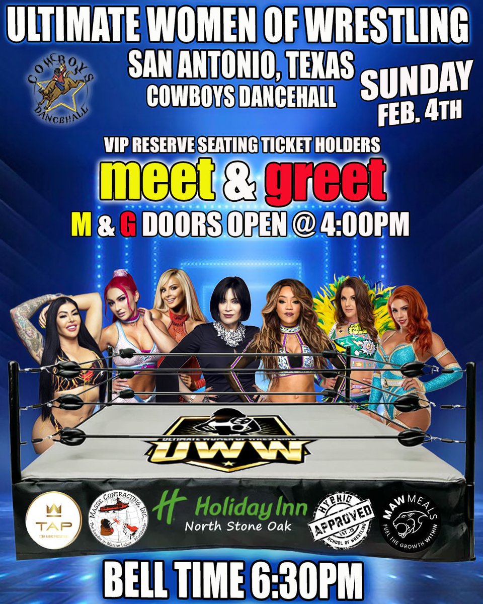 SAN ANTONIO - LIVE PRO WRESTLING, this Sunday Feb. 4th, @ Cowboys Dancehall, Ultimate Women Of Wrestling’s UWW #6. “In Your Face Smash Mouth Wrestling” Use promo-code “Military” and SAVE 25% on tickets. Get your tickets at:…ntonioCowboysDancehall.eventbrite.com