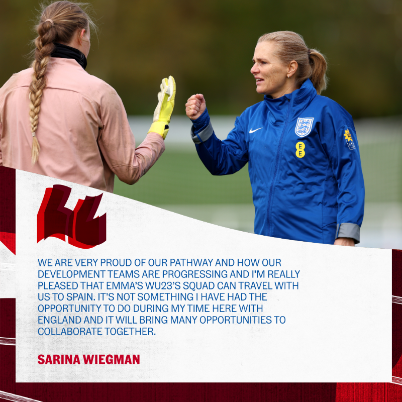 Lionesses's tweet photo. Our senior squad will be joined by Emma Coates’ WU23s group, with the #YoungLionesses playing two fixtures against Spain and the Netherlands! 🤝

Here's what Sarina had to say about the decision 👇