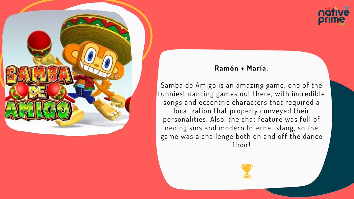 Let's get into weekend mode with 'Samba de amigo'! @Ramon_Mendez and @Marsaliath captured the vibrant rhythm and cultural nuances of this funny game when localizing it into Spanish. You still have time to cast your vote for Best Game Localization at #XIIPremiosATRAE