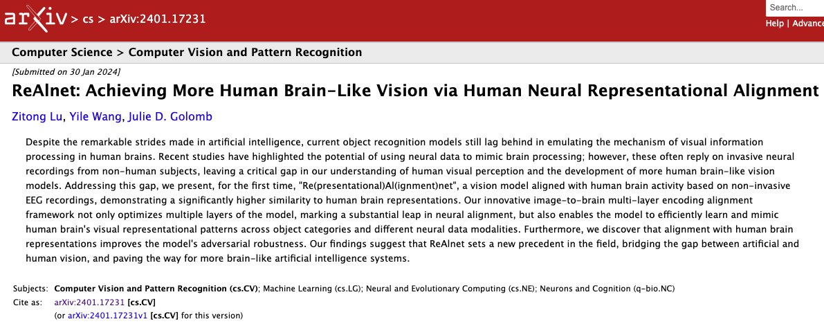 New preprint out😉! w/<a href="/yilewangwayne/">Yile Wang</a> <a href="/juliedgolomb/">Julie Golomb</a> 
Can we use human brain activity to align ANNs on object recognition and achieve more human brain-like vision models?
Yes!!! We present 'Re(presentational)Al(ignmentnet)net', a vision model aligned with human brain activity!