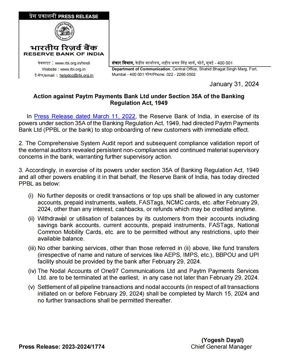 Help Uttarakhand Group (@bharat24588032) on Twitter photo Important Notification 🔔
RBI restrains #Paytm Payments Bank from facilitating new deposits/ credit transactions after Feb 29
<a href="/Samaachaar_r/">Social_Tea 🇮🇳</a>
<a href="/thesks24/">SKS (Malak of Bharat )</a>
<a href="/PoojaThakur2907/">Pooja Thakur</a>
<a href="/Poojasharma_DB/">Pooja sharma</a>
<a href="/gounder_ramya/">GounderRamya</a>
<a href="/AskRoushan/">Roushan Raj</a>
<a href="/PrashantSahyog/">Prashant Krishna Gaur</a>
<a href="/lokeshk99075694/">Cibil Report ....!!!!</a>
<a href="/DBehl3/">D Behl🇮🇳</a>
<a href="/DibyaRanjan4841/">Dibya Ranjan Sarangi</a> Important Notification 🔔
RBI restrains #Paytm Payments Bank from facilitating new deposits/ credit transactions after Feb 29
<a href="/Samaachaar_r/">Social_Tea 🇮🇳</a>
<a href="/thesks24/">SKS (Malak of Bharat )</a>
<a href="/PoojaThakur2907/">Pooja Thakur</a>
<a href="/Poojasharma_DB/">Pooja sharma</a>
<a href="/gounder_ramya/">GounderRamya</a>
<a href="/AskRoushan/">Roushan Raj</a>
<a href="/PrashantSahyog/">Prashant Krishna Gaur</a>
<a href="/lokeshk99075694/">Cibil Report ....!!!!</a>
<a href="/DBehl3/">D Behl🇮🇳</a>
<a href="/DibyaRanjan4841/">Dibya Ranjan Sarangi</a>