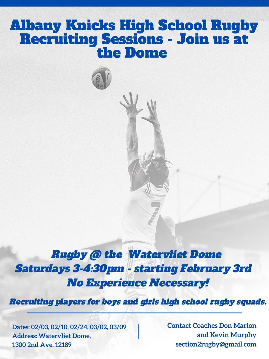 High School Rugby is an awesome spring sport.  Recruiting boys and girls to learn the greatest team sport.  No experience needed. All shapes and sizes needed.  
Learn from amazing coaches.