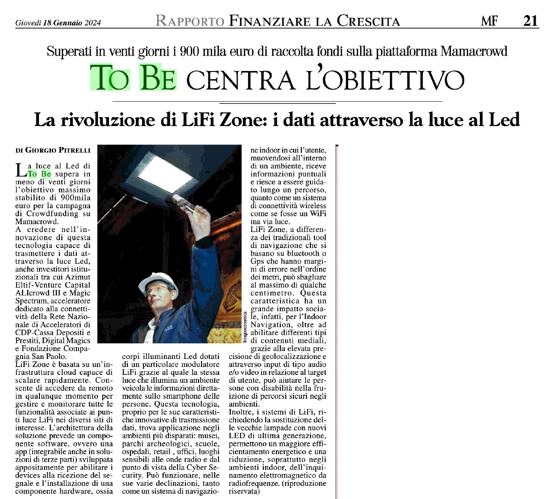 🎯 La nostra #LiFiRevolution centra l’obiettivo massimo della campagna di Equity Crowdfunding su @mamacrowdcom superando i 900 mila euro in venti giorni. Siamo anche su @MilanoFinanza 💪🏼 #LiFi #SeedingInnovation #Innovazione #Crowdfunding #Mamacrowd