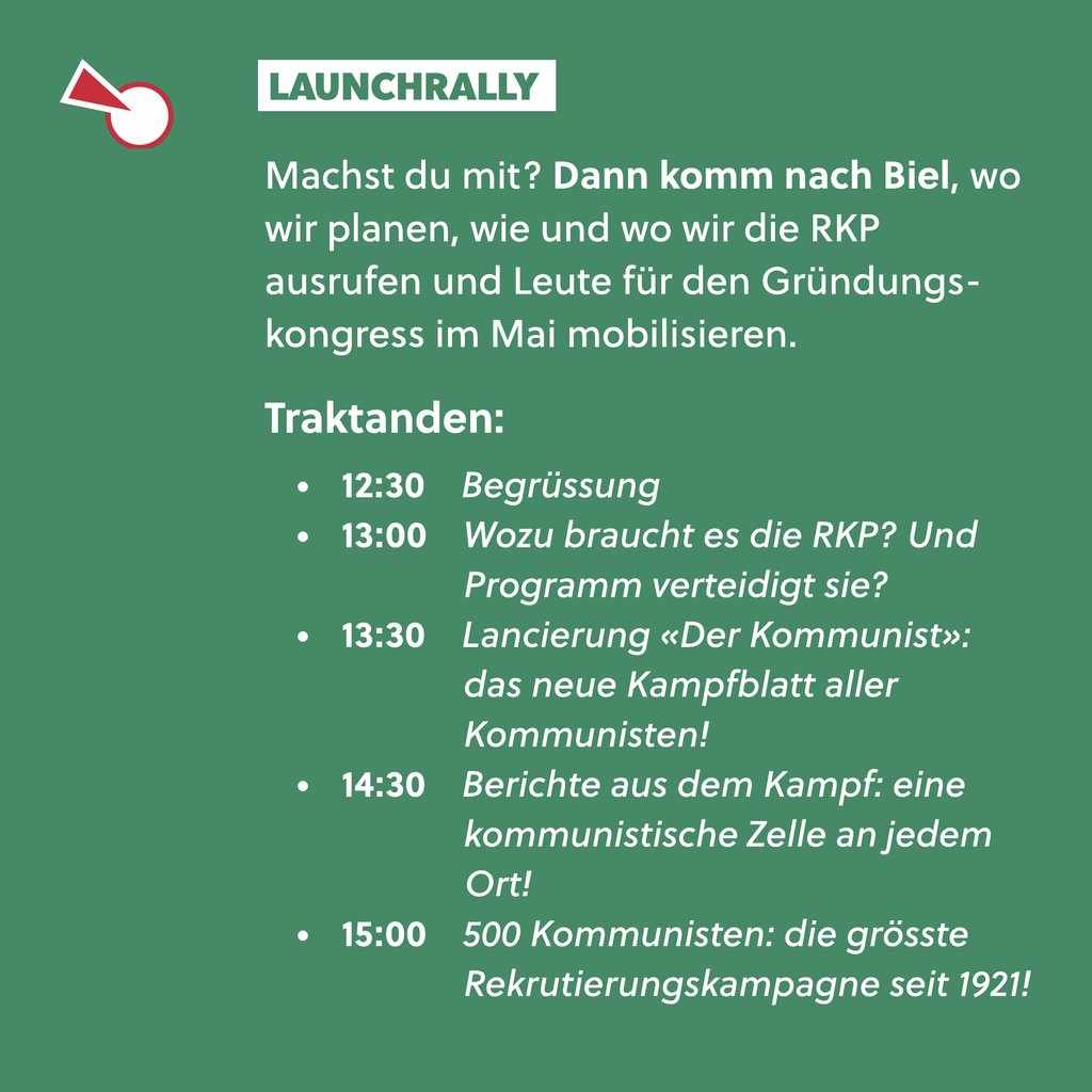 An diesem Samstag lancieren wir die Kampagne zur Gründung der Revolutionären Kommunistischen Partei der Schweiz. Die kämpferischsten Schichten brauchen heute ein klares kommunistisches Banner. Das ist deine Partei also bring die nächsten Kämpfer ans Rally.
Vorwärts zur RKP!