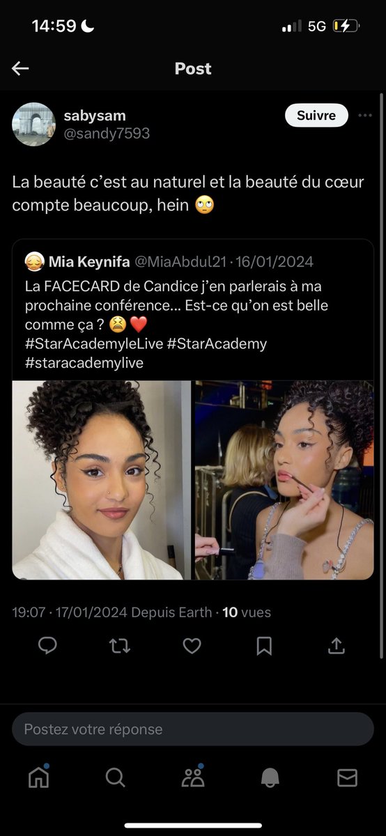 dimzykdl's tweet photo. t’es obsédé par candice, et au delà de ça, tu tiens des propos racistes, "gamins de cités" , "vote ethnique" et j’en passe, tu fais honte à ta team quitte twitter et reviens plus jamais c’est mieux pour toi, malade va
#Staracademy #StarAcademyleLive https://t.co/6EFoD4cC6f