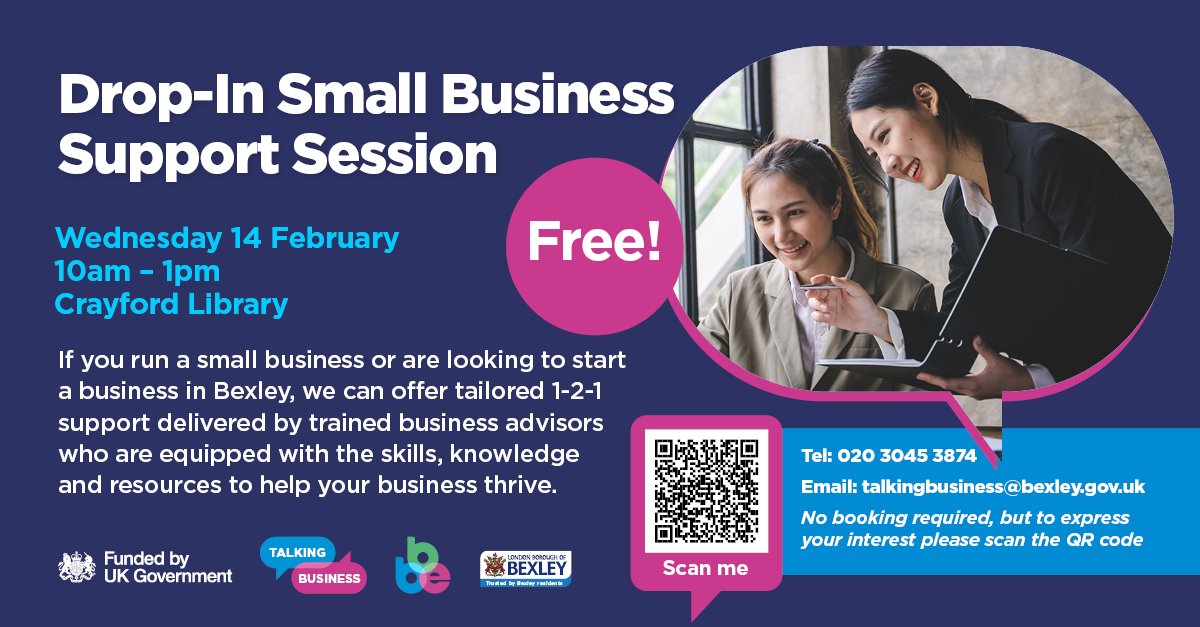 Own a small business or looking to start a small business in Bexley? Come to BBE’s FREE Business Support Drop-In session to learn more about the Council’s Talking Business support service. Wednesday, 14 February, Crayford Library Express your interest via forms.microsoft.com/e/Tgr2rhn7qq