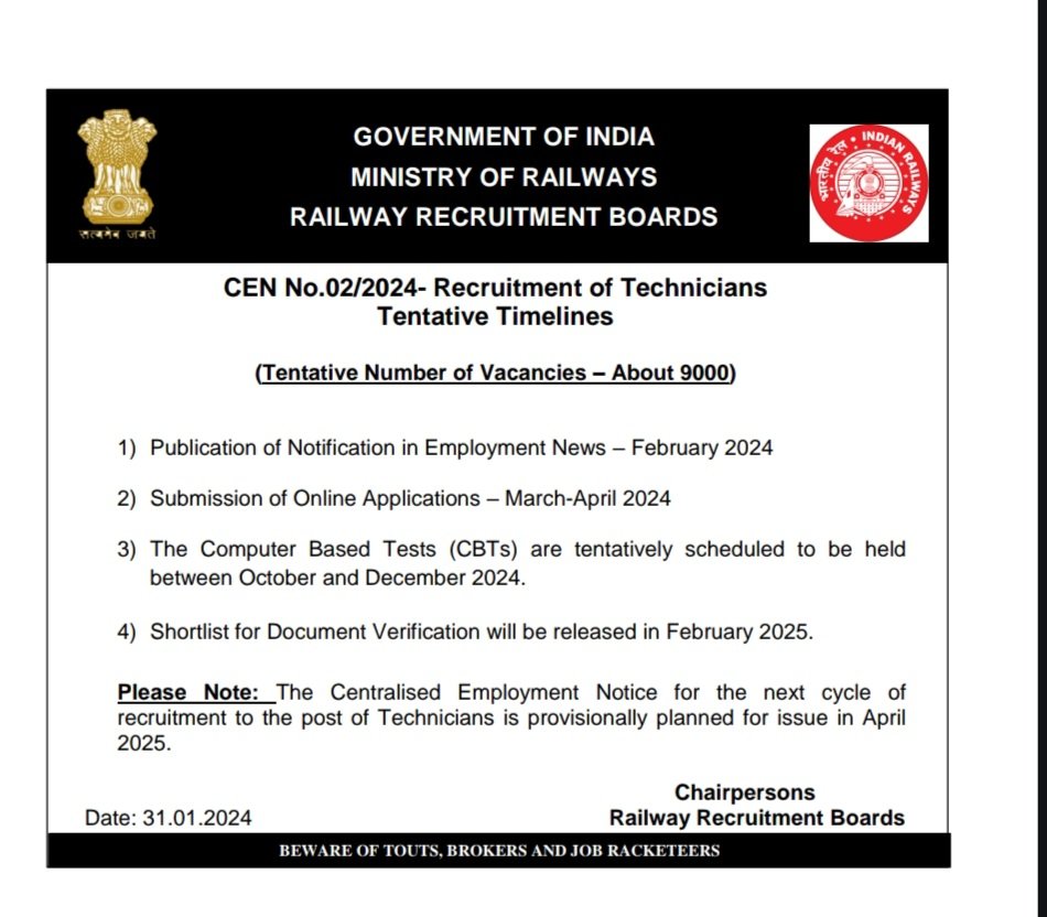 📢 #Railway 🚂  Upcoming Technician Vacancy 2024 
🔹Adv. No- 02/2024
🔹Tentative No. Of Vacancies- 9000
🔹CBTs - [OCT- DEC 2024]
🔹DV- FEB [2025]
#RailwayJob #Railway_New_vacancy 
#RailwayJobPeCharcha #railwayupdates