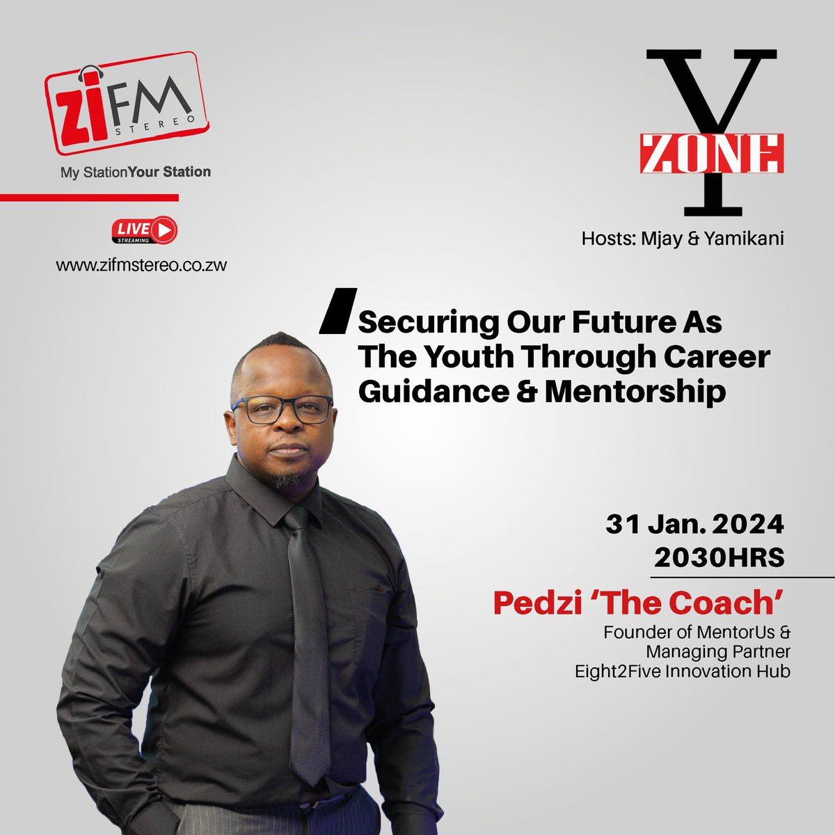 ZiFMStereo's tweet photo. Join us on the Y ZONE with Mjay and Pedzi 'The Coach' as they talk about securing our future through career guidance. Tonight at 2030HRS - don't miss it! #TuneIn 

#YZone #ZiFMStereo #PrimeTime #Conversations https://t.co/85bPHbElom
