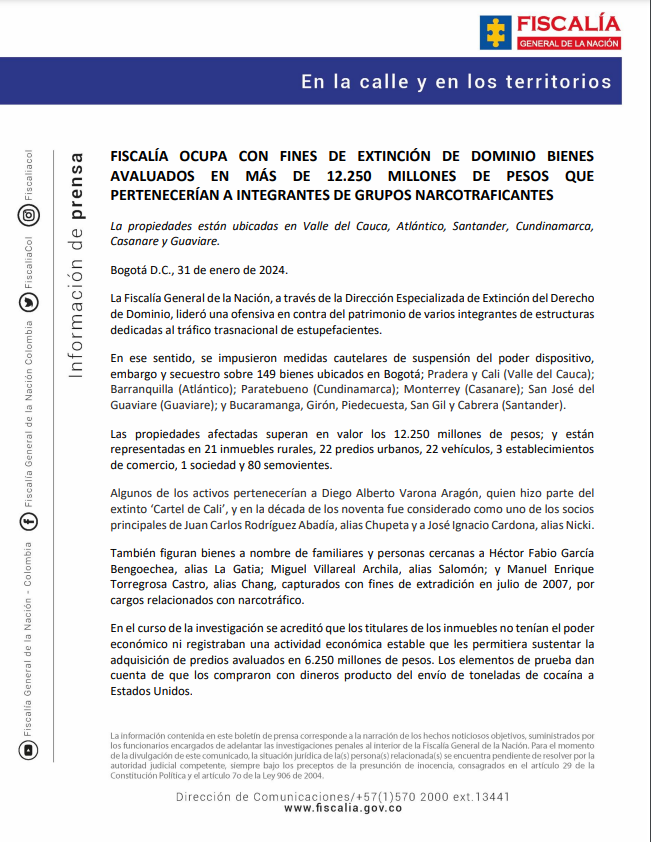 FiscaliaCol's tweet photo. Las propiedades afectadas superan en valor los 12.250 millones de pesos, y están representadas en 21 inmuebles rurales, 22 predios urbanos, 22 vehículos, 3 establecimientos de comercio, 1 sociedad y 80 semovientes. https://t.co/t5tQsZD0qm