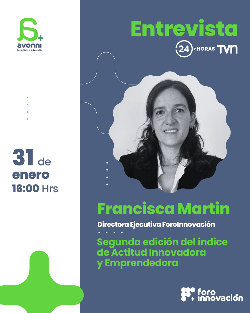 ¡HOY! 🚀 A las 16:00 horas nuestra queridísima Directora de Foroinnovacion Francisca Martin nos contará más sobre la segunda edición del Índice de Actitud Innovadora y Emprendedora. 🙌 ¿Nos acompañas?

🗓 31 de enero
🕐 16:00 horas
📡 <a href="/24HorasTVN/">24 Horas</a>