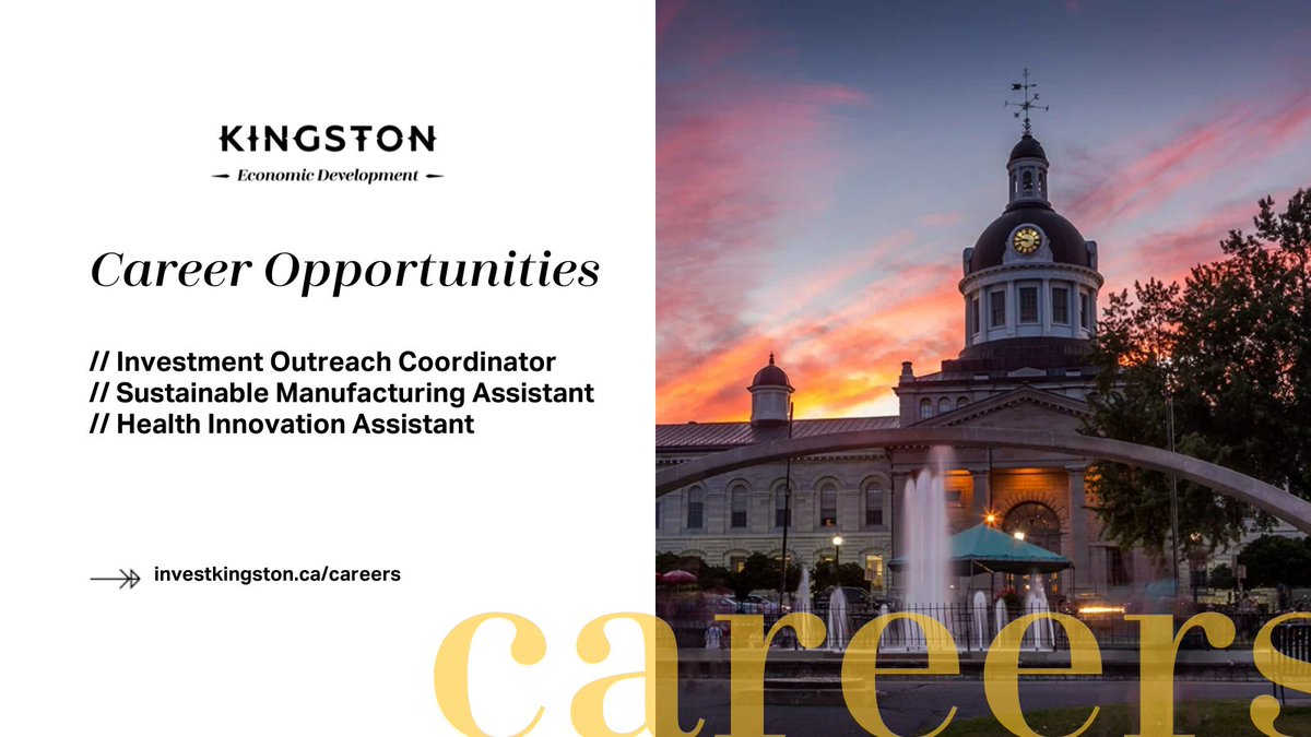 We are seeking motivated and growth-oriented individuals to apply for 3 exciting career opportunities.

// Investment Outreach Coordinator
// Sustainable Manufacturing Assistant
// Health Innovation Assistant

Learn more: investkingston.ca/careers/
#YGK