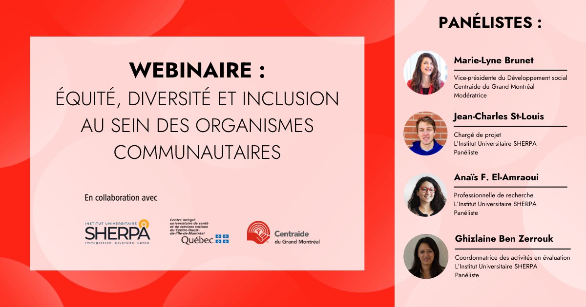 Nous avons le plaisir de vous inviter à notre webinaire « Équité, diversité et inclusion (ÉDI) au sein des organismes communautaires » le mercredi 21 février à 11 h 30, en collaboration avec l'Institut universitaire SHERPA. 👉 Détails et inscription ici: events.teams.microsoft.com/event/b26ed74f…