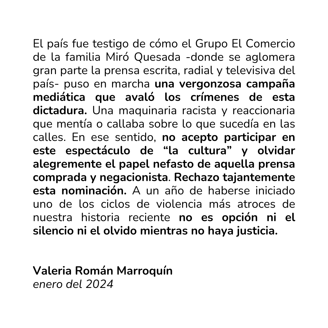 valeriaromanmrr's tweet photo. sobre la nominación de "MULTITUDES" al Premio Luces de @elcomercio_peru 

no olvidamos quiénes fueron cómplices de este régimen ilegítimo. no olvidamos aquella maquinaria mediática que avaló los crímenes de esta dictadura. ni olvido ni silencio mientras no haya justicia. https://t.co/fUv2TfQJ4q