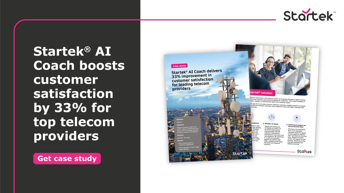 STARTEKGlobal's tweet image. Rapid growth means significant CX challenges. Discover how Startek® AI Coach delivers 33% improvement in telecom customer satisfaction. Click here to learn more: bit.ly/3ueAwag 

#AICoach #CallCenterTechnology #CXAutomation