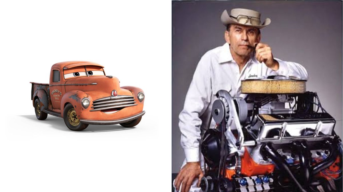 Kerchoo95's tweet photo. #Smokey, #JuniorMoon, #RiverScott, and #LouiseNash are all based on real-life NASCAR legends: Mechanic Smokey Yunick, and drivers Junior Johnson, Wendell Scott, and Louise Smith. Johnson was the only one alive to voice his #Cars3 (2017) counterpart, but would pass away in 2019. https://t.co/0bQKCRFhtA