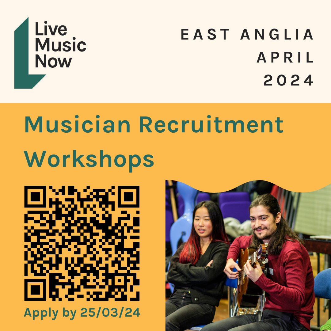 We are #Recruiting Musicians in East Anglia! Workshops taking place on 26th/29th April. Deadline for applications 9am 25th March. To apply, visit: livemusicnow.org.uk/earecruitment2… #Recruiting #MusicianRecruitment #MusicJobs #MusicCommunity #Norfolk #Suffolk #EastAnglia #Norwich #Ipswich