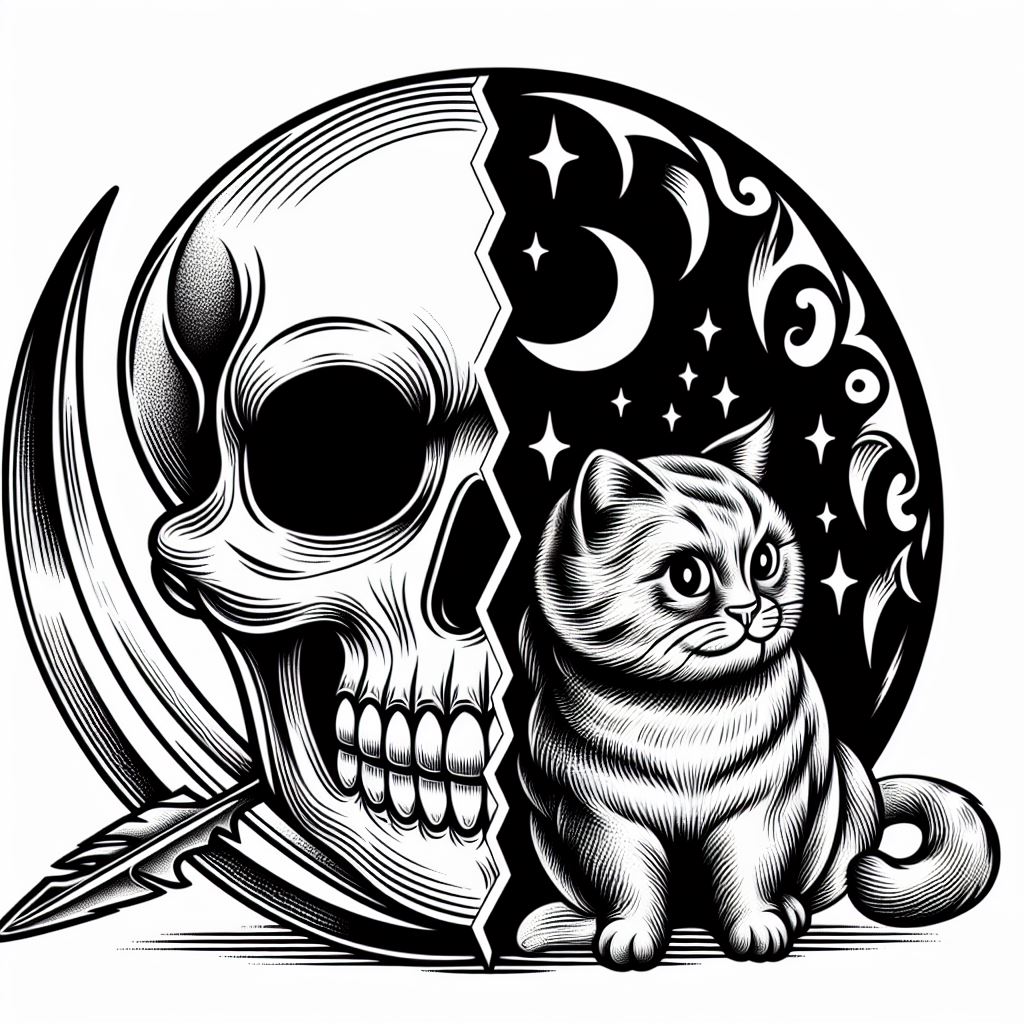 SGTKnick's tweet photo. @Kintinue I asked AI to describe Bipolar disorder. Then asked it based on that description what it would look like for a tattoo design, to include a cat and a skull.  Here is the result...could go even further and incorporate a pic of your logo and your cat to make it even more personal https://t.co/VFzT7vw1dZ
