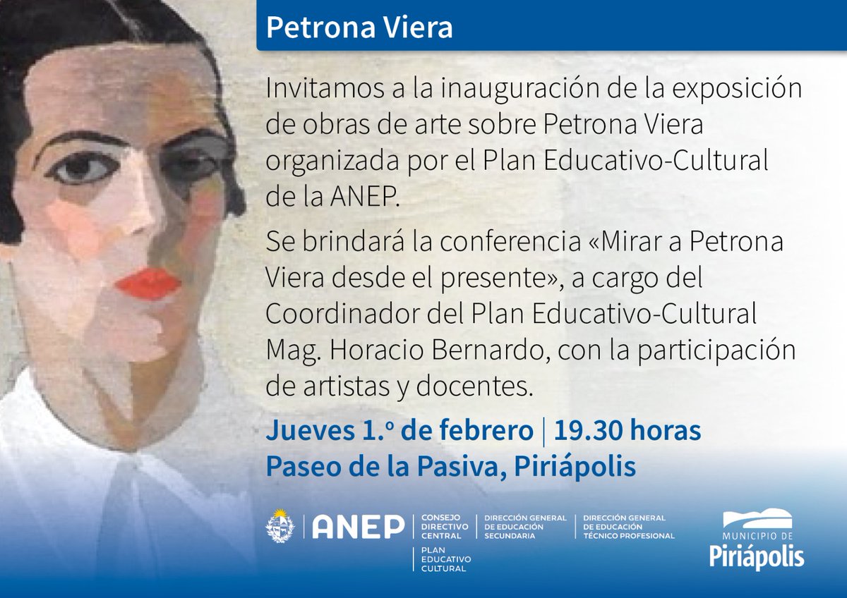Te invitamos a participar de la inauguración de la exposición de obras de arte sobre Petrona Viera en el Paseo La Pasiva de Piriápolis, organizada por el Plan Educativo-Cultural de la ANEP.