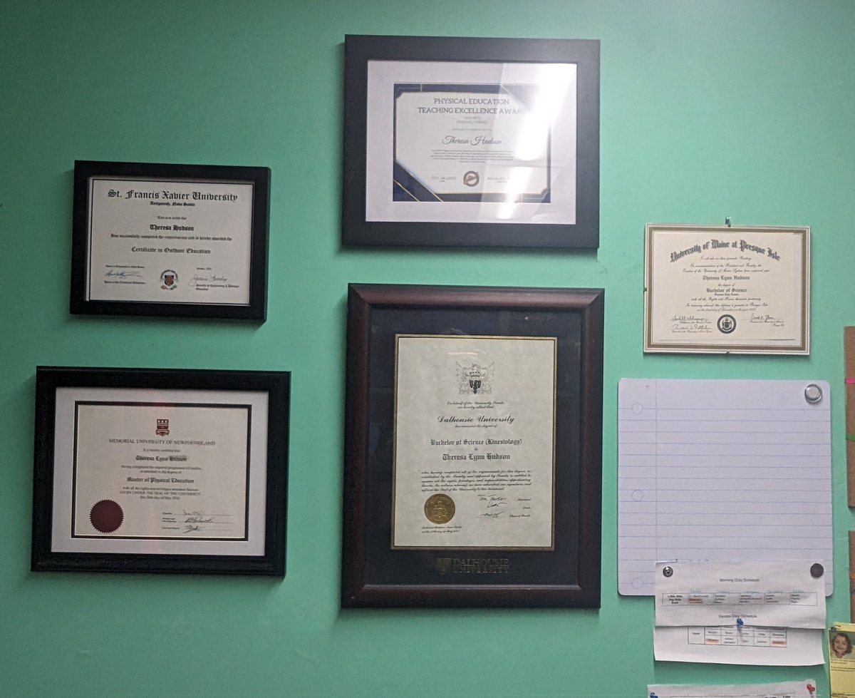 MsHudsonPE's tweet photo. After having these collect dust in a closet for...too long, finally popped them up in my office to collect dust. No one will see them but me, but that's okay! Your reminder to be proud of your accomplishments! #BScKin #BEdPE #MEdPE #outdoored @taphens award! https://t.co/ZEawqVix8a