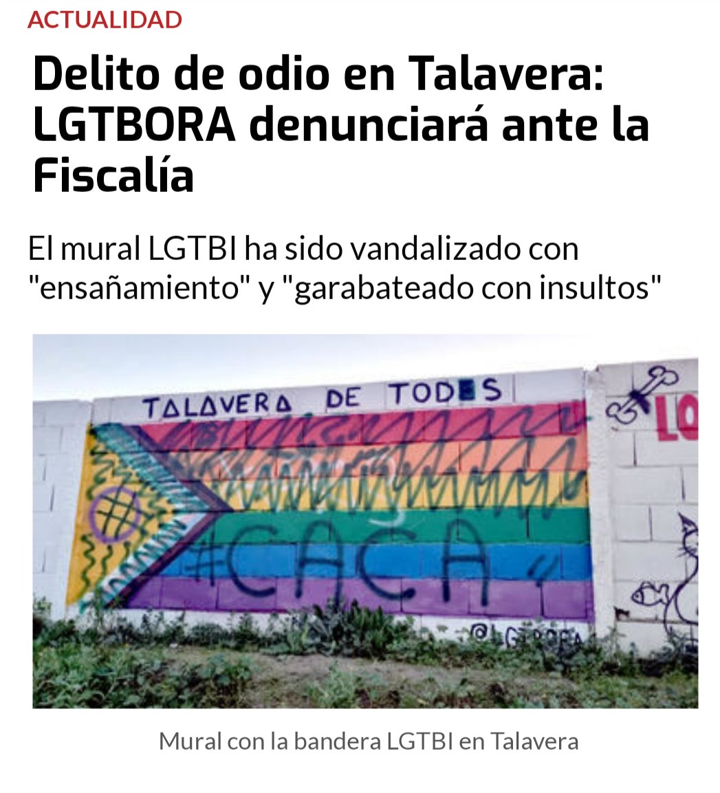🔊Condenamos el nuevo acto vandálico que el mural de <a href="/LGTBoraTalavera/">🏳️‍🌈 LGTBora 🏳️‍⚧️</a> ha sufrido en nuestra ciudad.

🛡️Todo nuestro apoyo y fuerza, frente a estos ataques, ni un paso atrás.