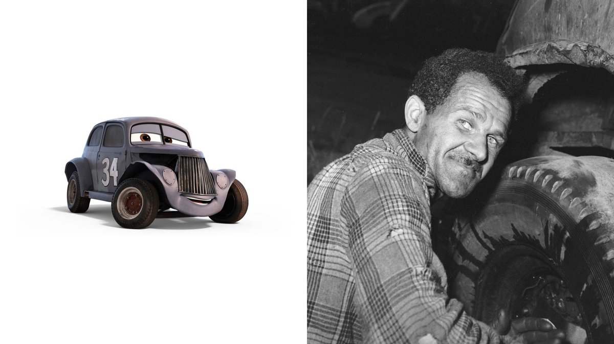 Kerchoo95's tweet photo. #Smokey, #JuniorMoon, #RiverScott, and #LouiseNash are all based on real-life NASCAR legends: Mechanic Smokey Yunick, and drivers Junior Johnson, Wendell Scott, and Louise Smith. Johnson was the only one alive to voice his #Cars3 (2017) counterpart, but would pass away in 2019. https://t.co/0bQKCRFhtA