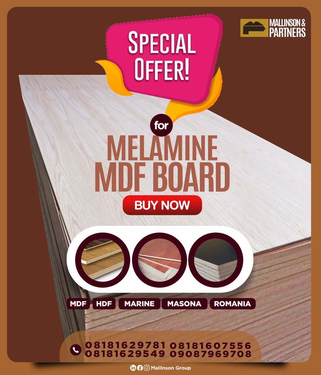 MallinsonGP's tweet photo. ITS TIME FOR OUR FEBRUARY SPECIAL OFFER:
CALL US NOW FOR MDF board in various colors, melamine MDF for furniture, colored MDF FOR SALES 

Call : +234 (0) 8181629781, +234 (0) 8181629549, +234 (0) 8181607556, +234(0)8035752516
#MelamineMDF #MDFBoard #MDF #CommercialPlywood #rccg https://t.co/6S6VM3NiNN