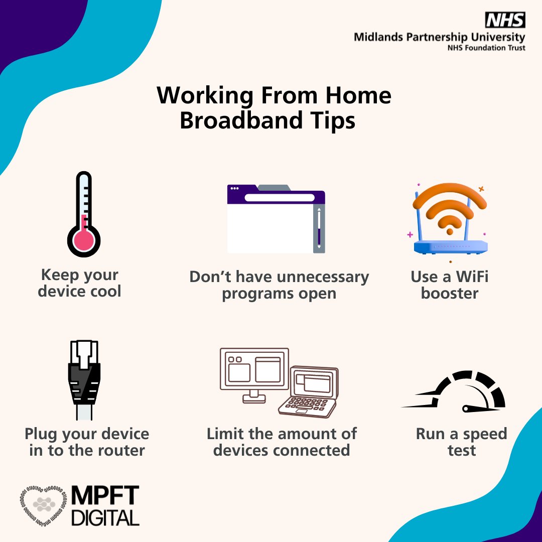 MPFTAngels's tweet photo. MPFT Digital Tips for working from home 🏡🛜

Follow our tips below to optimise your home connection 👍 https://t.co/mWNthw6Nh4