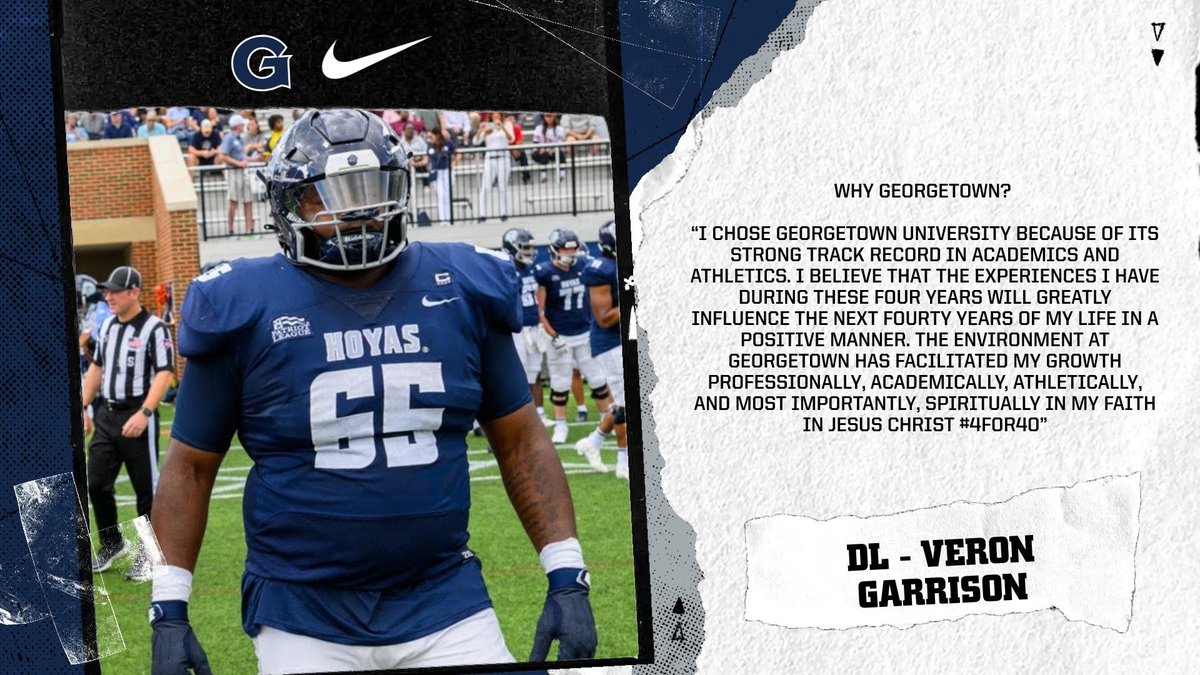 HoyasFB's tweet photo. Hear from Team Captain VeRon Garrison (DL - New Jersey) on why he chose Georgetown University πΆ 𦴠#WhyGeorgetownWednesday https://t.co/7FgBtPOFU7
