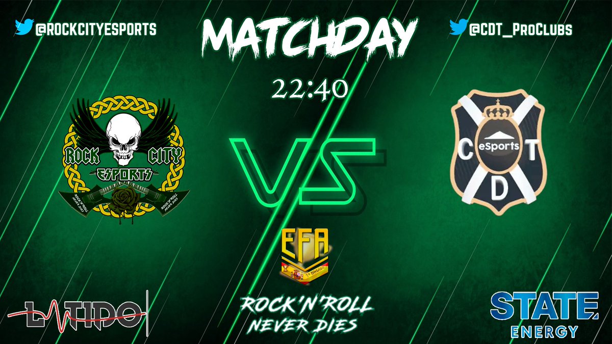 RockCityEsports's tweet photo. 🔥MATCHDAY🔥

¡Buenas Tardes Rocker@s! Ayer terminamos los playoff de VFO así que hoy solo os traemos estos tremendos partidazos.

🏆|@EFAesportsSpain 
🕚|22:40
🆚|@CDT_ProClubs 

🏆|@VPG_Spain 
🕚|23:20
🆚|@One_TrickPonyFC 

@latidoshop @statedrinks @ComunidadClubes https://t.co/gAFmEblqkA