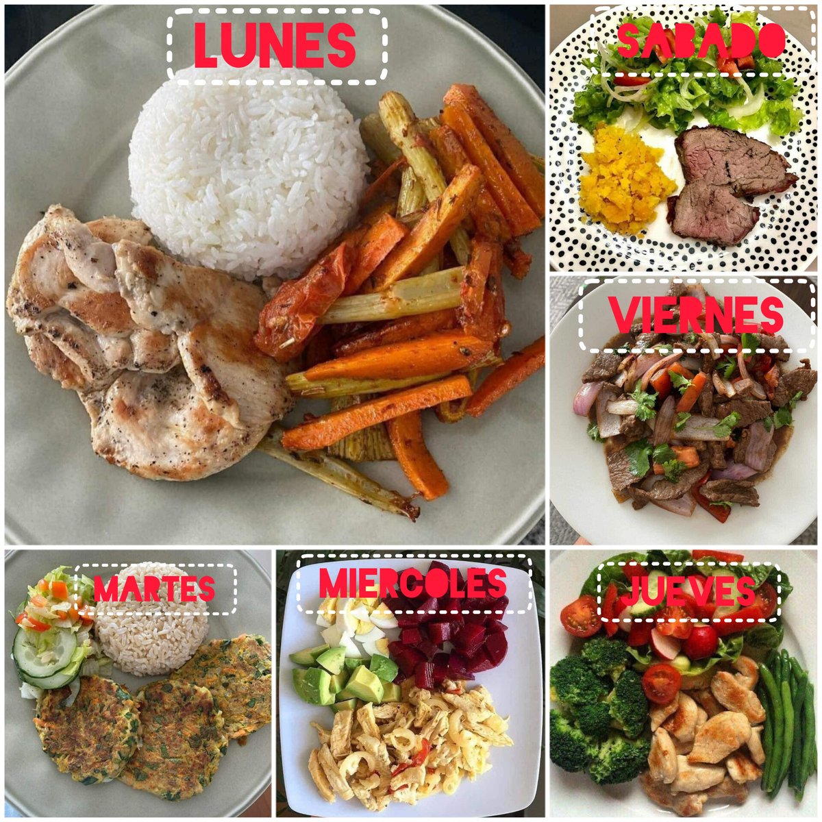 NutriologoGiron's tweet photo. Almuerzos para tu semana

Lunes
-pechuga
-arroz
-verduras 

Martes
-tortitas de atún
-arroz
-verduras

Miercoles
-pollo con pasta
-betabel
-aguacate
-huevo 
-verduras

Jueves
-pechuga 
-verduras

Viernes
-carne de res con verduras

Sabado
-res asada
-Puré de Camote
-verduras https://t.co/F0r2vOtg2x
