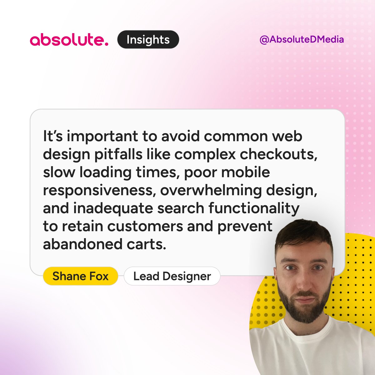 Did you know that 94% of first impressions linked to web design? 💻

Lead Designer, Shane, says:

“It’s important to avoid common web design pitfalls like complex checkouts, slow loading times, poor mobile responsiveness, overwhelming design, and inadequate search functionality