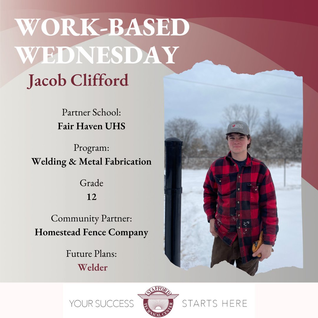 Today's Work-Based Wednesday features Jacob, a senior from Fair Haven High School.  Jacob is learning on the job and showcasing his classroom knowledge and professional skills to his employer. #STCVT
