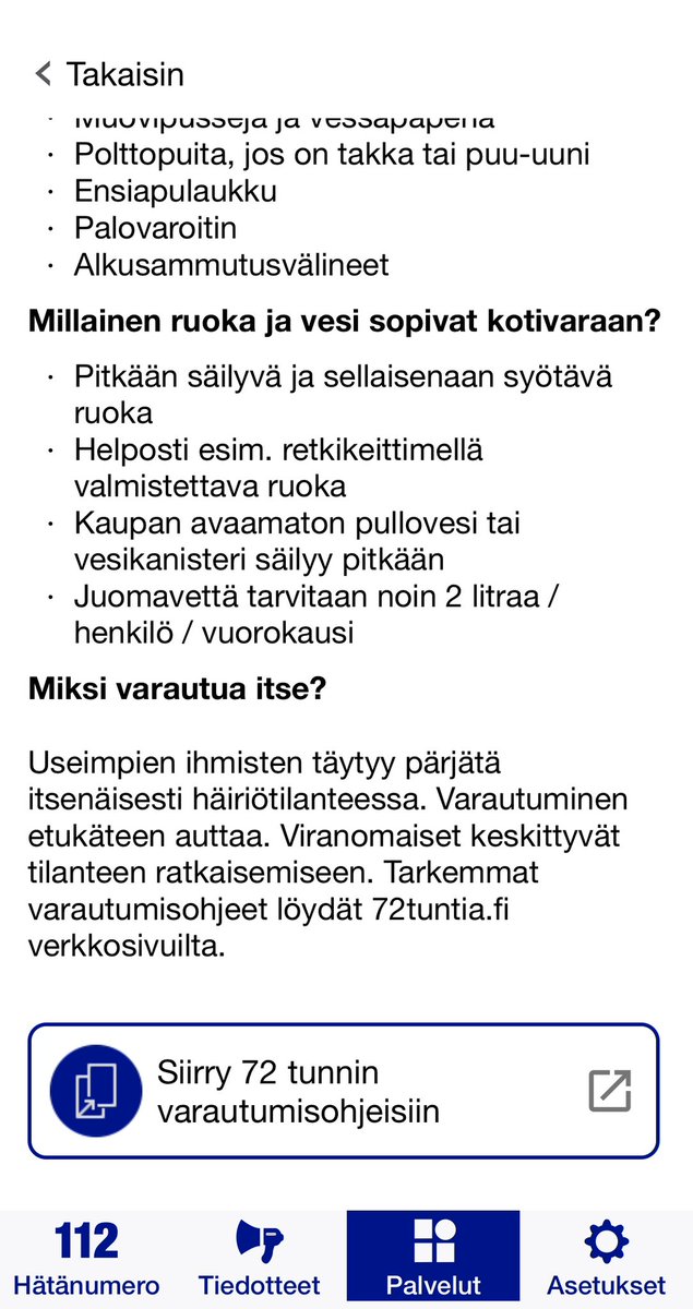 Mobiililaitteisiin saatavaan 112 Suomi -sovellukseen on lisätty erinomaiset perusohjeet varautumisesta ja toiminnasta häiriötilanteissa. Lataa appi, jos sinulla ei vielä sitä ole. 🤩💙